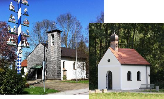 Bild rechts: Eher unbekanntes Kleinod: Die Kapelle St. Koloman wurde 2008 eingeweiht. An der Stelle stand schon im 16. Jahrhundert eine Einsiedelei. Links: Auch die Kirche im Ismaninger Ortsteil Fischerhäuser ist nach St. Koloman benannt. F: gemeinfrei