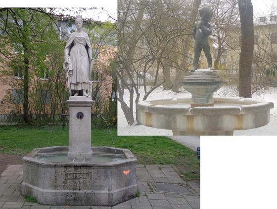 Der Auia-Brunnen zeigt eine Allegorie die Vorstadt Au, geschaffen von Ludwig Schwanthaler, dem "Vater" der Bavaria an der Theresienhöhe. Bild rechts: Der Josef-Ruederer-Brunnen stand einst im Garten des gleichnamigen Münchner Schriftstellers. F: bs