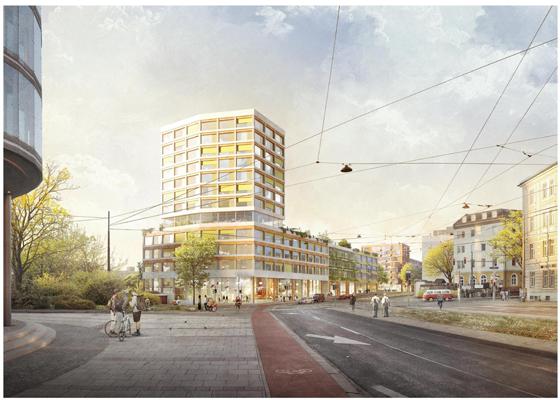 Eine Visualisierung zeigt die neuen Orleanshöfe (links) vom Haidenauplatz aus gesehen. In dem Turm soll ein Hotel untergebracht werden. Foto: GVG mbH/teleinternetcafe urbanismus