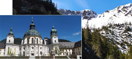 Die Klosterkirche Mariä Himmelfahrt in Ettal sollte man unbedingt am Ende der Bergrunde besuchen. Bild hinten: Die Nordseite der Notkarspitze. Fotos: Stefan Dohl