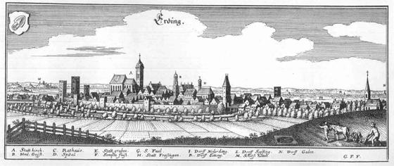 Eine Stadt mit Hostorie: Erdinger Stadtansicht von Matthäus Merian aus dem Jahr 1665. Foto: gemeinfrei