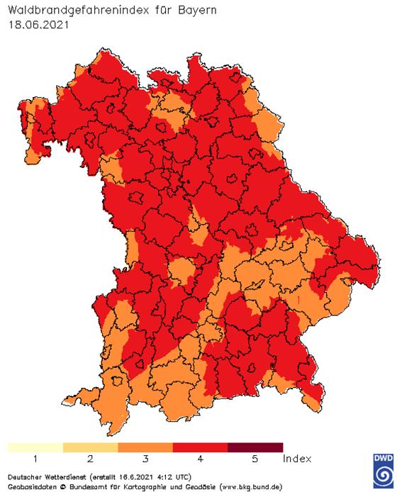 Übersicht vom Deutschen Wetterdienst zu den Gefahrenstufen für Waldbrand im Freistaat. Foto: DWD