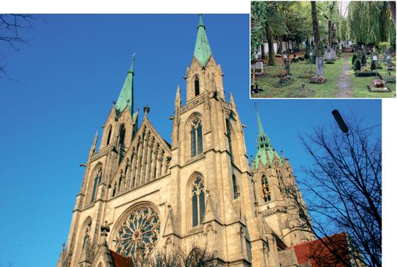 Die "Wiesnkirche" St. Paul: Schwerpunkt am Tag des offenen Denkmals ist die Außenrenovierung, die von 2011 bis 2021 stattfand. Kl. Bild: Der idyllische Winthirfriedhof in Neuhausen hat einen besonderen Charme. F: ws / sb