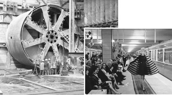 1969: Tunnelbohrmaschine wird am Bonner Platz in Stellung gebracht. Foto vorne: 1971: Die Einweihung der neuen U-Bahnlinie wurde mit einer Modenschau am Bahnsteig »Alte Heide« gefeiert. F: Archiv LH München / Fred Lindinger/Archiv FMTM e.V.