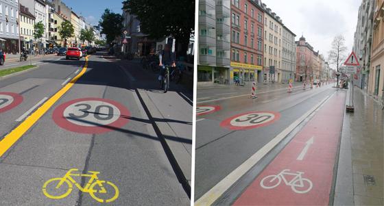 Im Abschnitt zwischen Orleansstraße und Rosenheimer Platz gab es in der Rosenheimer Straße im 1. Corona-Lockdown bereits die gelb aufgemalten "Pop-up-Bike-Lanes". Foto re.: Seit Mai 2021 ist er ein fest installierter Radweg geworden. F: Peter Martl / ar