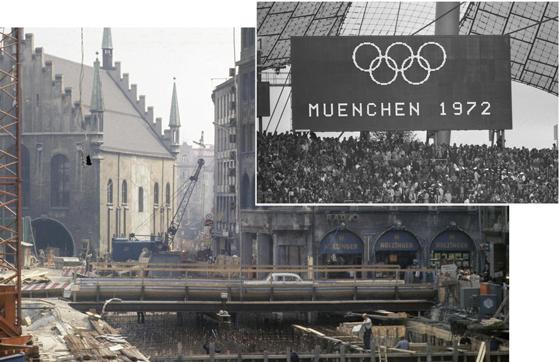 Auch das ging mit den Vorbereitungen der Olympischen Spiele einher: der Ausbau des U-Bahnnetzes, hier der Marienplatz. Bild kl.: In diesem Jahr feiert München das 50. Jubiläum der Olympischen Sommerspiele. F: Baureferat München / Kishimoto-IOC
