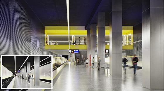 Das neue Design basiert auf der Farbe Gelb. So soll der U-Bahnhof Neuperlach Zentrum künftig aussehen. Kleines Foto: Den U-Bahnhof Michaelibad zieren in Zukunft Motive aus dem Schwimmsport. Fotos: MVG