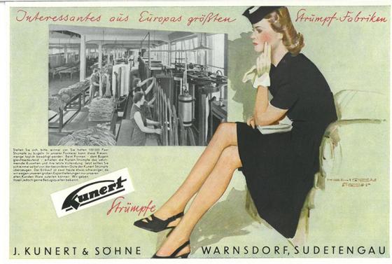 Maria Kunert meldete 1907 in Warnsdorf eine Strickerei an, aus der ein großes Strumpf-Imperium entstand (Werbeinserat aus den 1940er Jahren). Foto: Sudetendeutsches Museum/Schimpfhauser