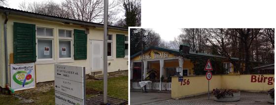 In den Baracken des Bürgerparks Oberföhring haben viele Vereine ihren Sitz, wie NordOstKultur. Rechts: Der Bürgerpark Oberföhring entstand ab Mitte der 1980er Jahre auf dem Gelände eines ehemaligen Krankenhauses.Fotos: bs