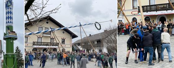 Zahlreiche Besucher verfolgten gespannt das Aufstellen des Oberhachinger Maibaums. Foto re.: Nur wenn alle an einem Strang ziehen, können Aufgaben wie das Maibaumaufstellen gelingen. F.: hw
