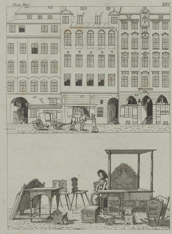 Das Grecklsche Kaffeehaus am Münchner Marienplatz im frühen 19. Jahrhundert (links, Nr. 86). Foto: VA