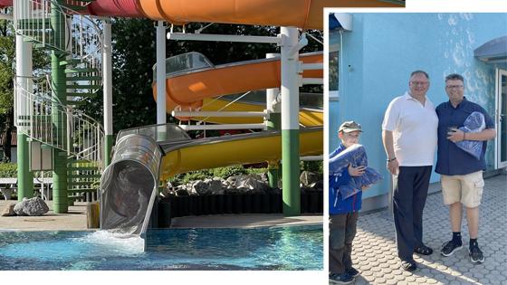 Jede Menge Freizeitspaß bietet das Unterhachinger Freibad seinen Besuchern. Bild klein: Bürgermeister Wolfgang Panzer überreichte den ersten Badegästen ein Badetuch der Gemeinde.  F.: hw