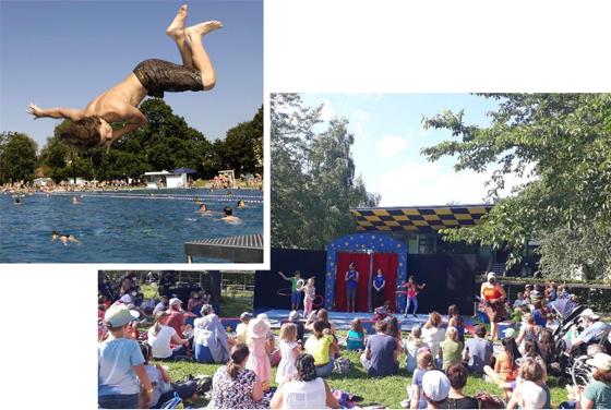 Das große Sommerspielefest - KiKu live! im Riemer Park findet am letzten Schultag, am 29. Juli statt. Foto kl.: In den Münchner Freibädern kann man herrlich in den Sommerferien abtauchen. F.: SWM / Echo e.V.