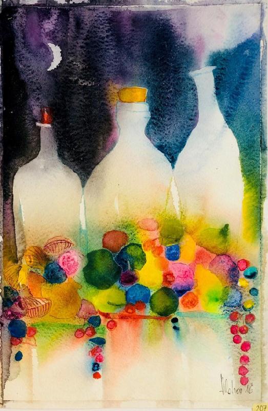 Das Aquarellen von Sime Vlahov zeigt abstrahierte Flaschen. Foto: Sime Vlahov