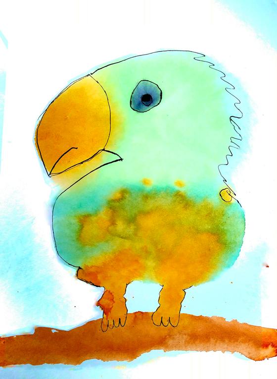 Ein bunter Vogel, gemalt von Sonja (9) ist zu sehen in der Kinder-Kunst-Ausstellung im Rathaus. Foto: vhs Neufahrn