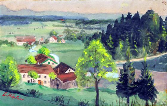 Das Atteltal mit Aiterndorf (Mitte, links) in einem von dem Grafinger Malermeister Emil Höpfner (1880-1933) vor 1925 geschaffenen Aquarell. Foto: Archiv Stadtmuseum Grafing