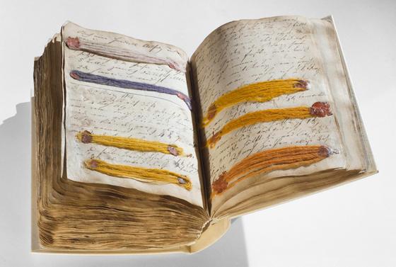 Diese Handschrift mit gefärbten Garn- und Stoffproben von 1729 bewahrt die Bibliothek des Deutschen Museums auf. Foto: Deutsches Museum, München, Archiv, CD65418