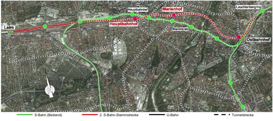 So sieht die Planung für die zweite S-Bahn-Stammstrecke (rote Linie) des Wirtschaftsministeriums aus, um die bestehende Stammstrecke zu entlasten (grüne Linie): über die Keller- und Metzstraße bis zum Ostbahnhof führt die neue Trasse. F.: Stmwivt