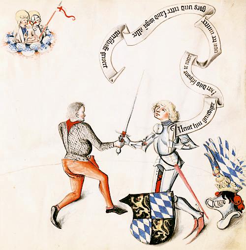 Im Fechtbuch aus dem 15. Jahrhundert reicht Autor Paulus Kal dem knieenden bayerischen Herzog das Schwert.	Foto: VA