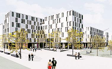 1. Preis: Blick von Nord-Osten mit Quartierseingang und äußerem Quartiersplatz.	F.: Blauwerk Architekten