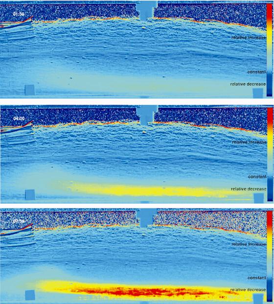 MMit Neutronen gemessene Feuchtigkeitsverteilung in der Flugzeugisolierung nach 2, 4 und 8 Stunden Flug (Rot bedeutet viel Wasser, Blau steht für trocken  das Wasser sammelt sich nahe der Außenwand)	Foto: TU