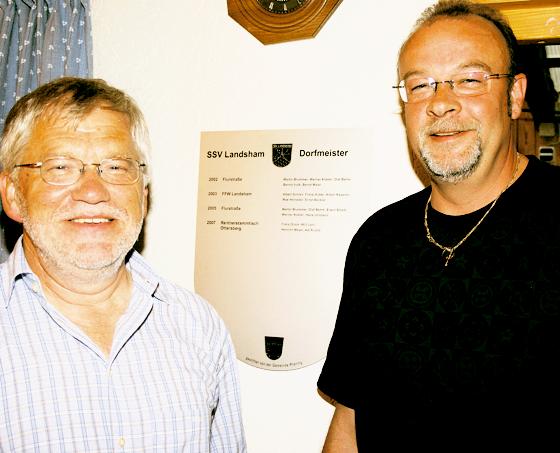 Auf dieser Tafel wird die Siegermannschaft der Dorfmeisterschaften 2009 verewigt: Hans Peter Schepanski, Vorstand Stockschützen Landsham (re.) und sein Schriftführer (li.) Hans Pricha.	Foto: pt