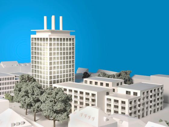 Der markante Turm des ehemaligen Heizkraftwerkes soll bei der Neubebauung stehen bleiben  mit Raum für Wohnungen.	Modell: alpha invest Projekt GmbH