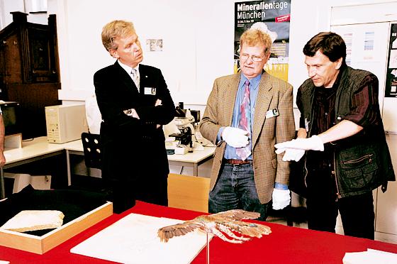 Direktor Professor Gert Wörheide (links) und Hauptkonservator Dr. Winfried Werner (Mitte) diskutieren die Urvögel mit Raimund Albersdörfer, dem Besitzer des achten Exemplares. Foto: Nitschke