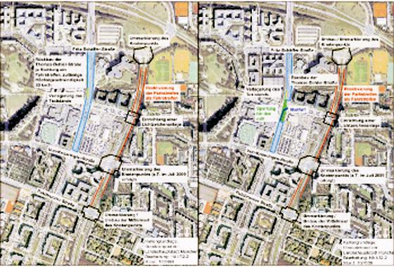 Im Planfall 1 (li.) wird die Thomas-Dehler-Straße zur 30er-Zone, im Planfall 2 (re.) würde sie komplett gesperrt werden. Foto: Planungsreferat LH München