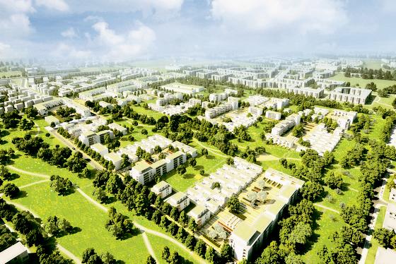So wird das Gelände einmal aussehen: auf 30 Hektar sollen 1600  Wohnungen sowie alle erforderlichen sozialen Einrichtungen entstehen. Große Grünflächen bringen Lebensqualität.	 Illustration: GPS