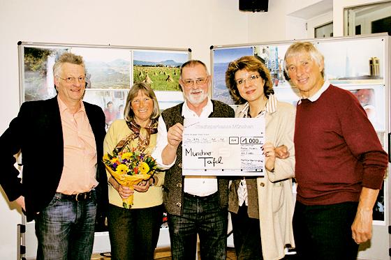Walter Schmid (Mi.) erhält aus den Händen von Ingrid Lindner von der AG Moosach einen Scheck über 1000 Euro für die Münchner Tafel.	Foto: Photo Lehrer